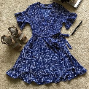 AQUA Blue Polka Dot Wrap Dress, XS